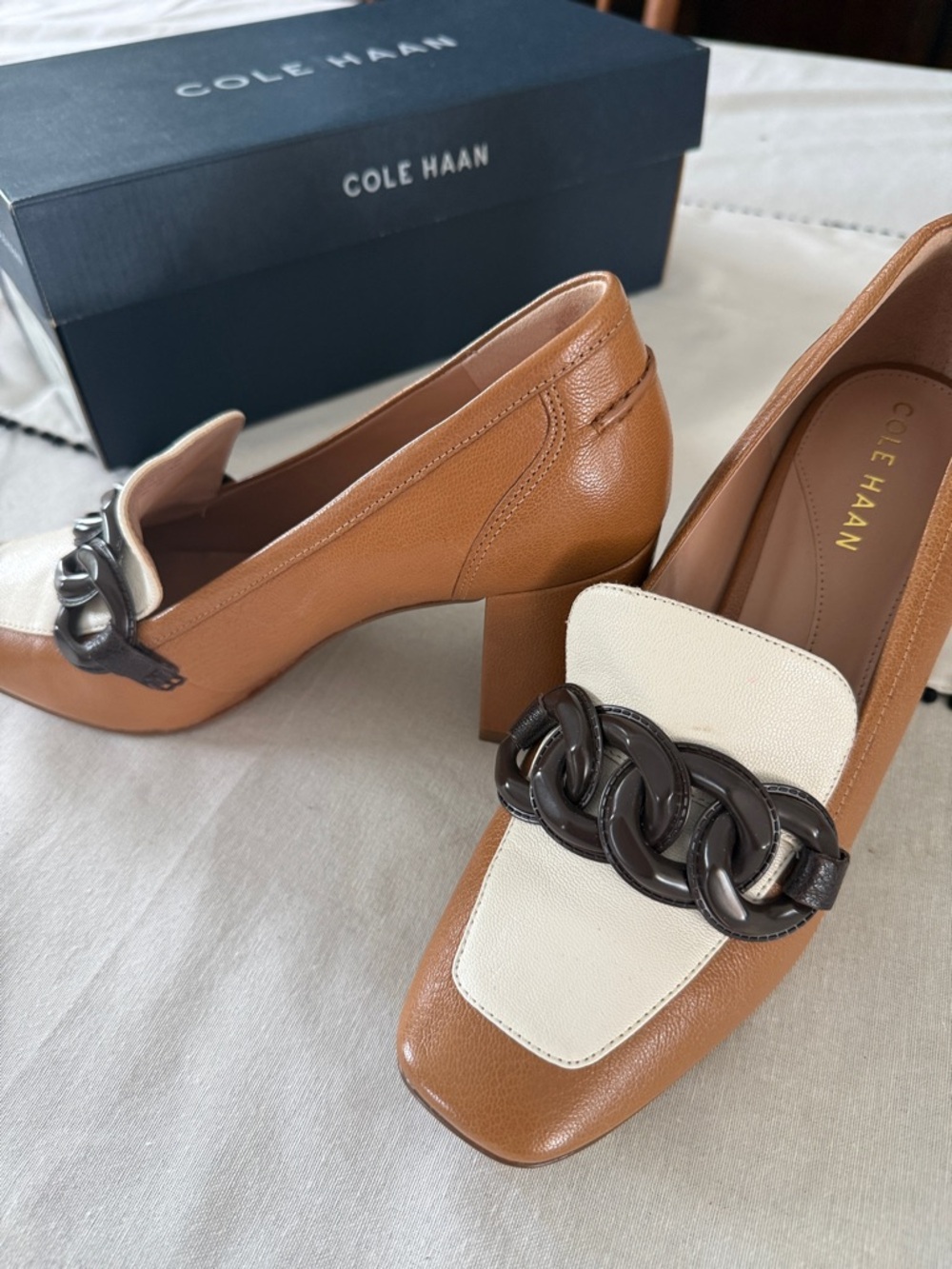 Cole Haan Tan and Cream Chain-Link Block Heel Loafers